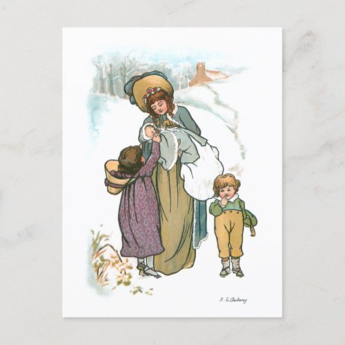 Vintage Mother and Children in Snow Holiday Postcard