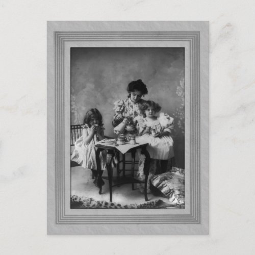 Vintage Mother and Daughters Having Tea Party Invitation Postcard