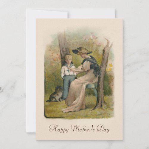 Vintage Mother and Son with Puppy Holiday Card