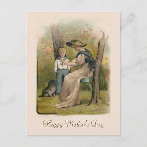Vintage Mother and Son with Puppy Holiday Postcard