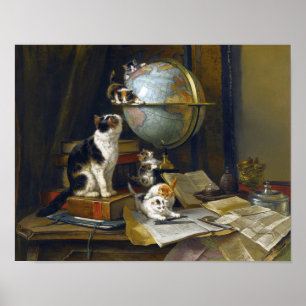 Vintage Mother Cat Kittens Geography World Globe Poster