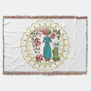 Vintage Mother Daughter Duo Red Roses Floral Gold Throw Blanket