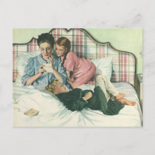 Vintage Mother Day, Children Reading Cards in Bed