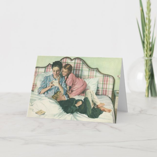 Vintage Mother Day, Children Reading Cards in Bed  (Front)