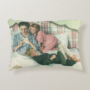 Vintage Mother Day, Children Reading Cards in Bed  Accent Pillow