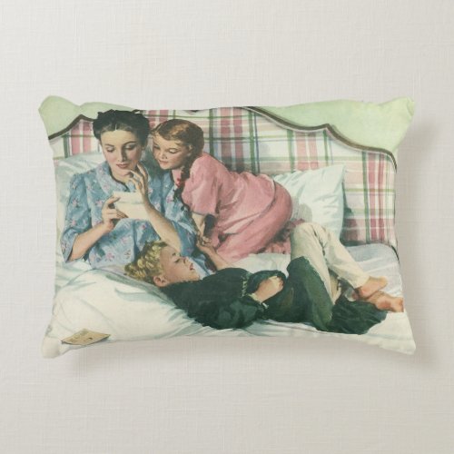 Vintage Mother Day Children Reading Cards in Bed  Accent Pillow