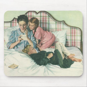 Vintage Mother Day, Children Reading Cards in Bed Mouse Pad