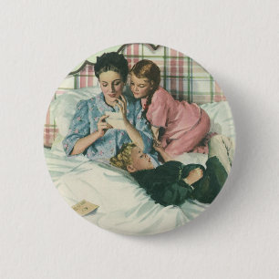 Vintage Mother Day, Children Reading Cards in Bed Pinback Button