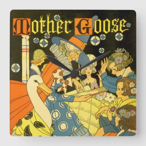 Vintage Mother Goose Reading Books to Children Square Wall Clock