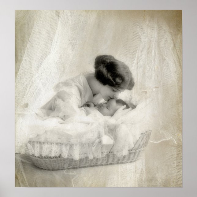 Vintage Mother Kissing Baby in Bassinet Poster (Front)