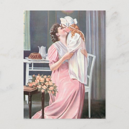 Vintage Mother Kissing her Daughter Holiday Postcard