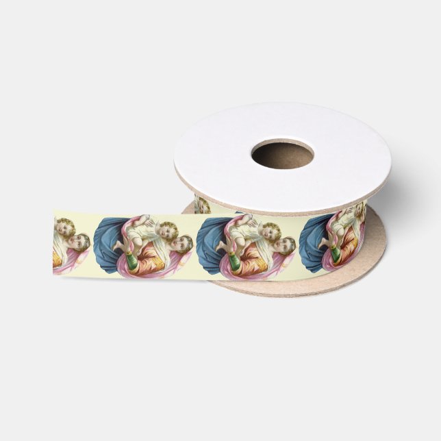 Vintage Mother Mary & Baby Jesus Christmas Satin Ribbon (Spool)