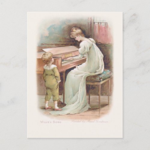 Vintage Mother Playing Piano for her Son Holiday Postcard