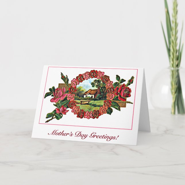 Vintage Mother's Day Greeting with Roses and Home Card (Front)