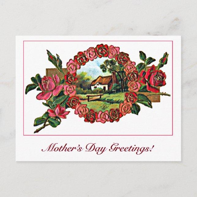 Vintage Mother's Day Greeting with Roses and Home Postcard (Front)
