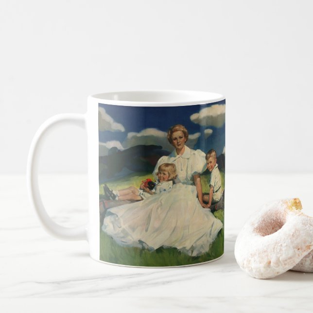 Vintage Mother's Day, Mom with Children Coffee Mug (With Donut)