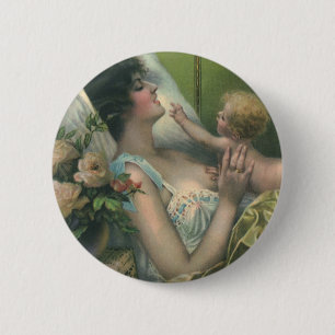Vintage Mother's Day, Victorian Mom with Baby Pinback Button