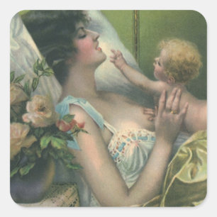 Vintage Mother's Day, Victorian Mom with Baby Square Sticker