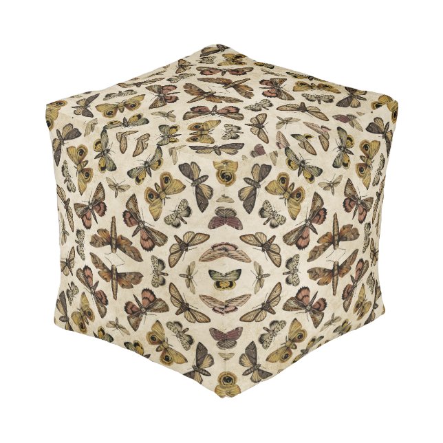 Vintage Moths Cube Pouf (Angled Back)