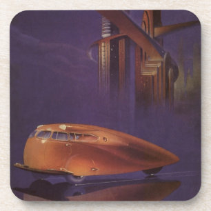 Vintage Motor Magazine Cover, Futuristic City Car Beverage Coaster