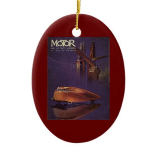 Vintage Motor Magazine Cover, Futuristic City Car Ceramic Ornament