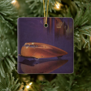 Vintage Motor Magazine Cover, Futuristic City Car Ceramic Ornament