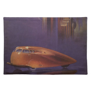 Vintage Motor Magazine Cover, Futuristic City Car Cloth Placemat