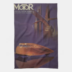 Vintage Motor Magazine Cover, Futuristic City Car Kitchen Towel