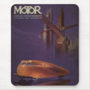 Vintage Motor Magazine Cover, Futuristic City Car Mouse Pad
