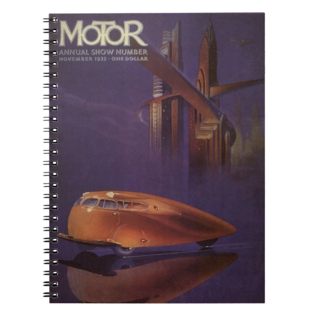 Vintage Motor Magazine Cover, Futuristic City Car Notebook (Front)