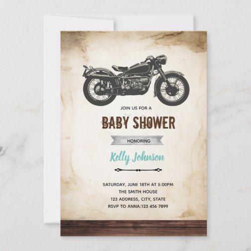 Vintage motorbike shower birthday invitation