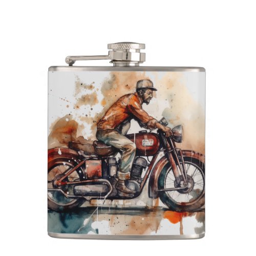 Vintage Motorbike Watercolor Art Print Flask
