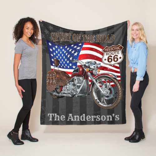 Vintage Motorcycle American Flag RTE 66 With Name Fleece Blanket