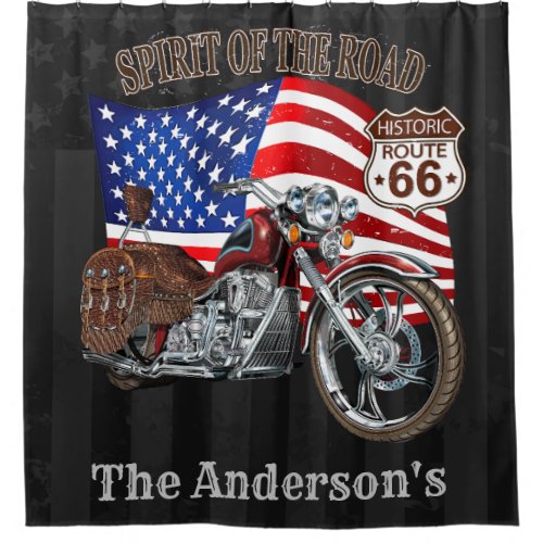 Vintage Motorcycle American Flag RTE 66 With Name Shower Curtain
