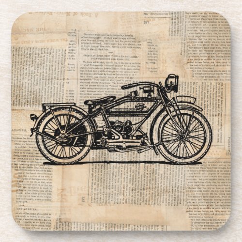 Vintage Motorcycle Art Newspaper Text Style Beverage Coaster