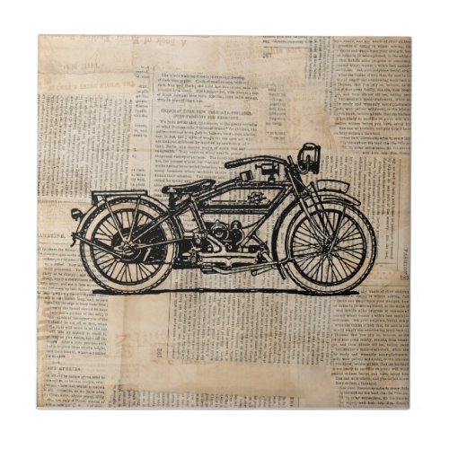 Vintage Motorcycle Art Newspaper Text Style Ceramic Tile