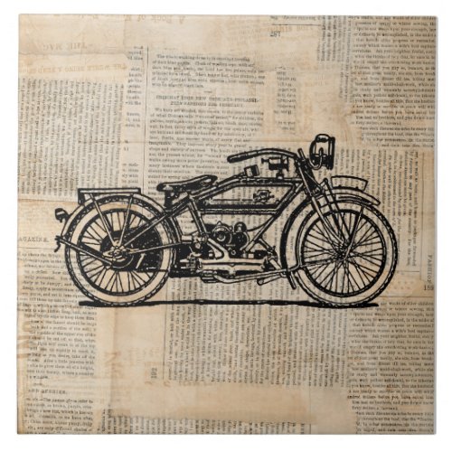 Vintage Motorcycle Art Newspaper Text Style Ceramic Tile