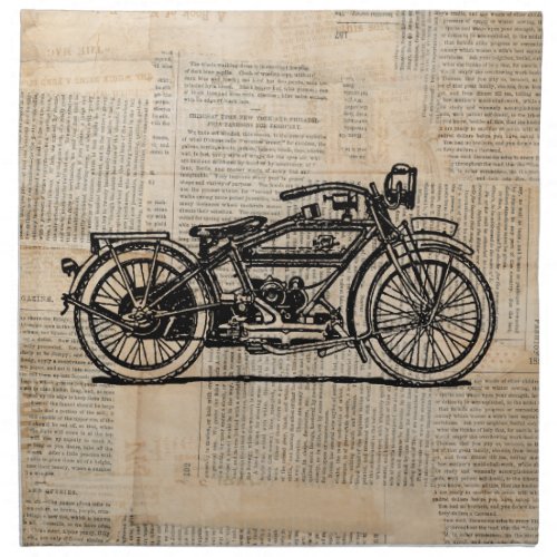 Vintage Motorcycle Art Newspaper Text Style Cloth Napkin