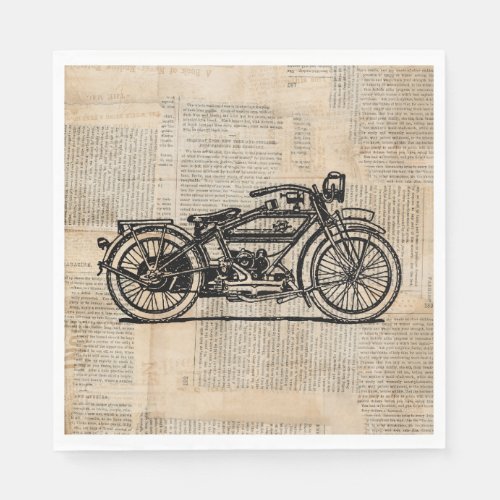 Vintage Motorcycle Art Newspaper Text Style Napkins