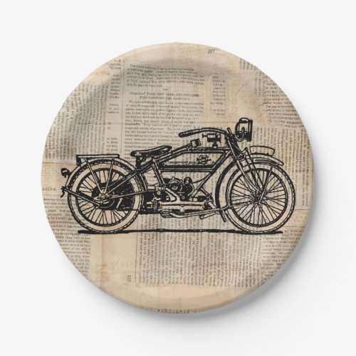 Vintage Motorcycle Art Newspaper Text Style Paper Plates