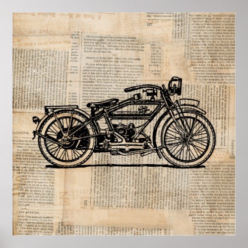 Vintage Motorcycle Art Newspaper Text Style Poster