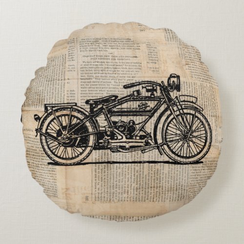 Vintage Motorcycle Art Newspaper Text Style Round Pillow