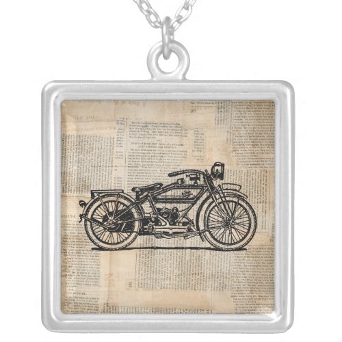 Vintage Motorcycle Art Newspaper Text Style Silver Plated Necklace