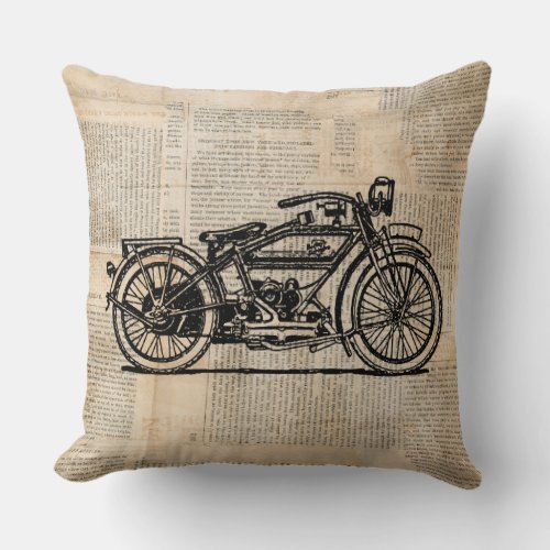 Vintage Motorcycle Art Newspaper Text Style Throw Pillow