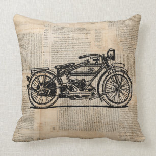 Vintage Motorcycle Art Newspaper Text Style Throw Pillow