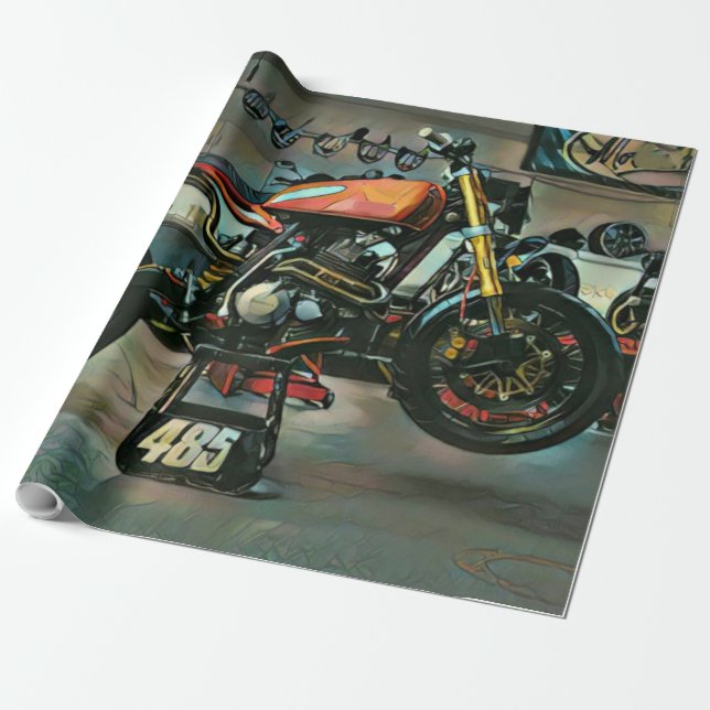 vintage motorcycle artwork wrapping paper (Unrolled)