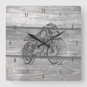 VIntage motorcycle drawing on barn wood Square Wall Clock