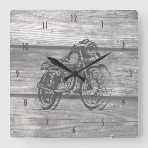 VIntage motorcycle drawing on barn wood Square Wall Clock