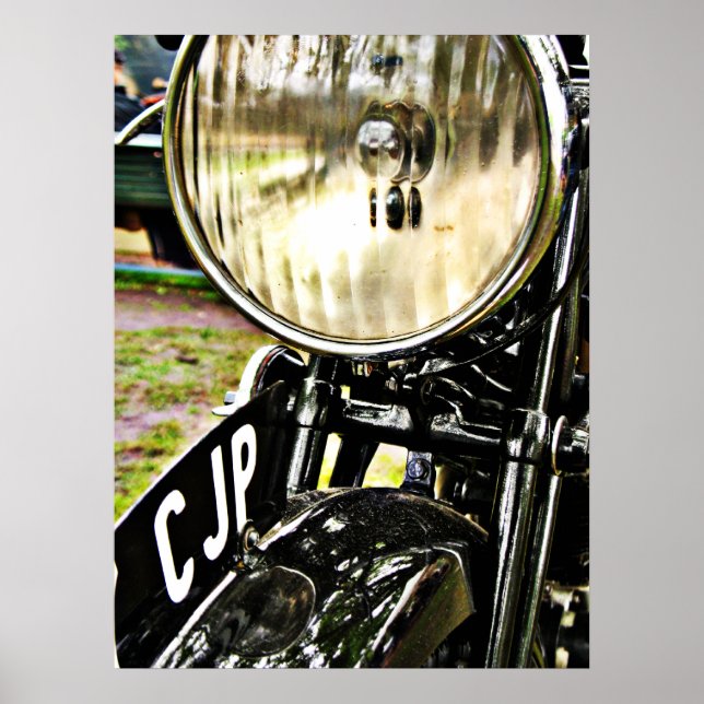 Vintage motorcycle headlight and license plate poster (Front)