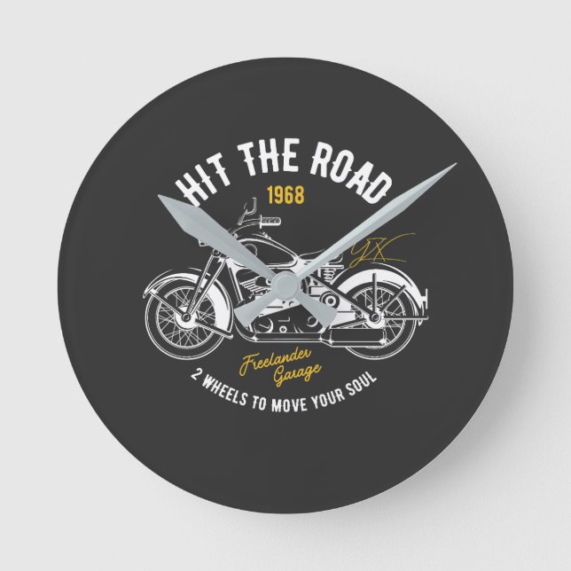 Vintage motorcycle, hit the road round clock (Front)